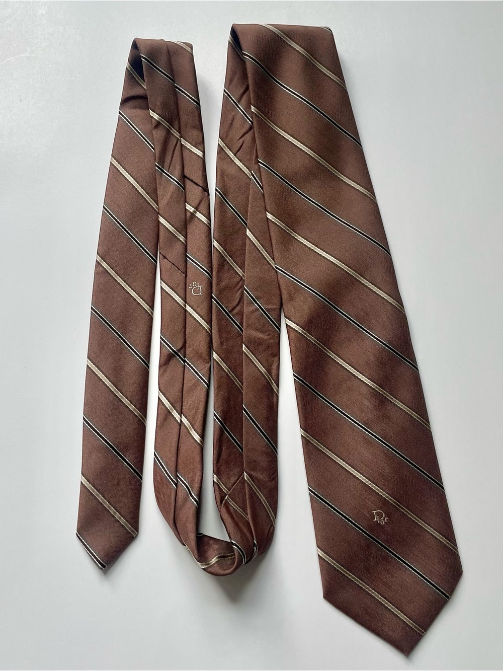 Dior Brown Diagonal-Striped Men's Tie with Cream & Black Accents